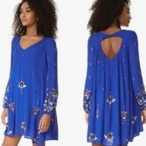 FREE PEOPLE Oxford Floral Embroidered Mini Swing Dress In Cobalt Blue Size M